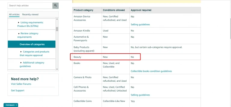 Capture d'écran de l'aperçu ou des catégories sur Amazon