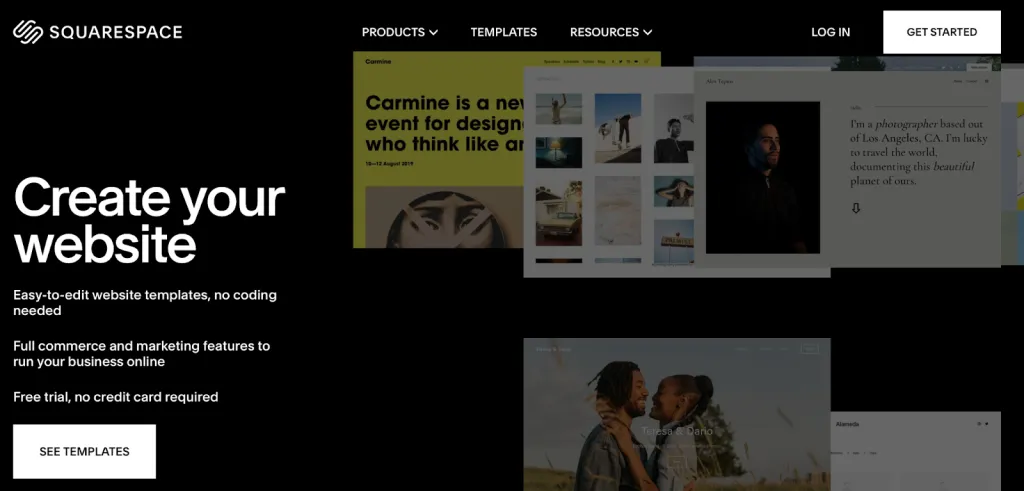 Screenshot from SquareSpace homepage