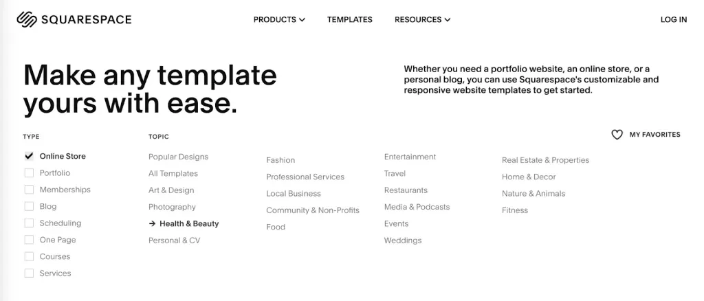 Captura de tela do SquareSpace mostrando como encontrar modelos personalizados