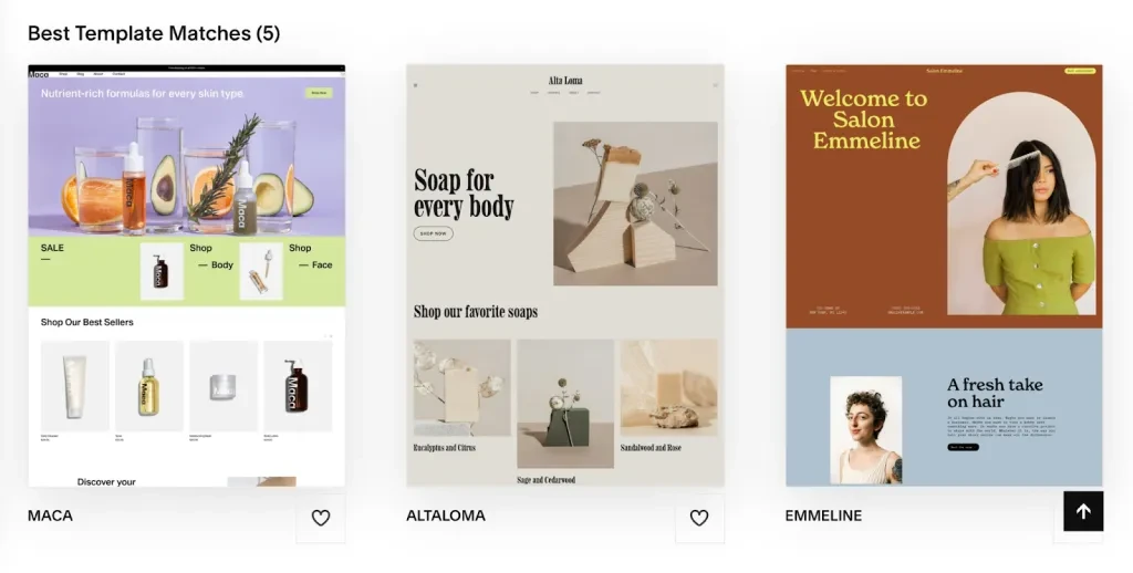 SquareSpace'deki en iyi şablon eşleşmelerinin ekran görüntüsü