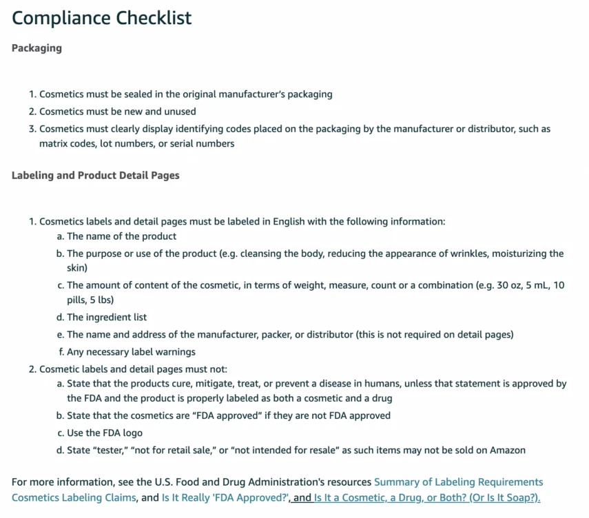 Screenshot of compliance checklist from Amazon