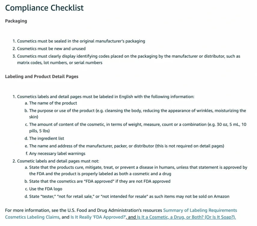 Screenshot of compliance checklist from Amazon