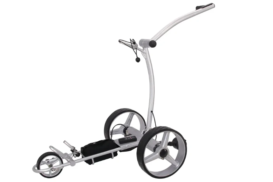 Silver and black electric golf trolley with three wheels