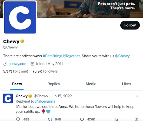 The X (Twitter) page of Chewy