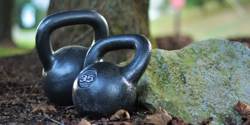 two black kettlebells near a tree and rock