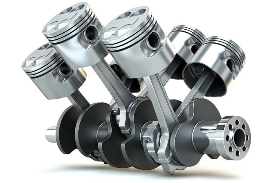 V6 engine mechanism with crankshaft and pistons
