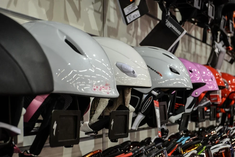 various winter helmets on display