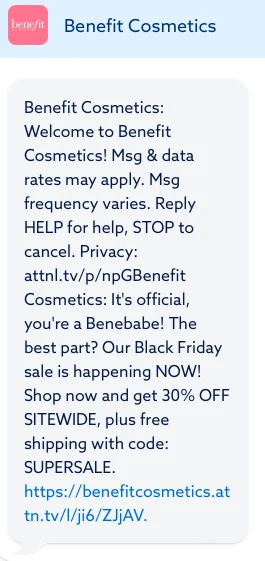 welcome SMS by Benefit Cosmetics