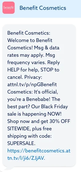 SMS de bienvenida de Benefit Cosmetics