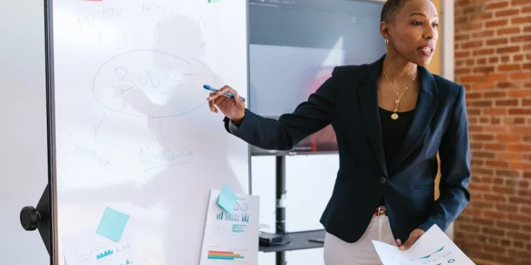 woman presenting a pitch deck