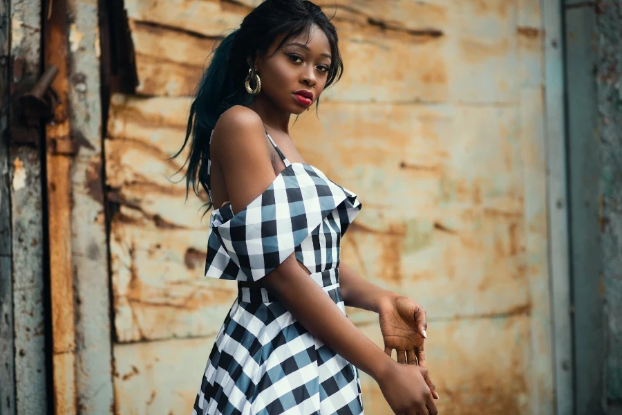 woman wearing checkered two piece skirt set