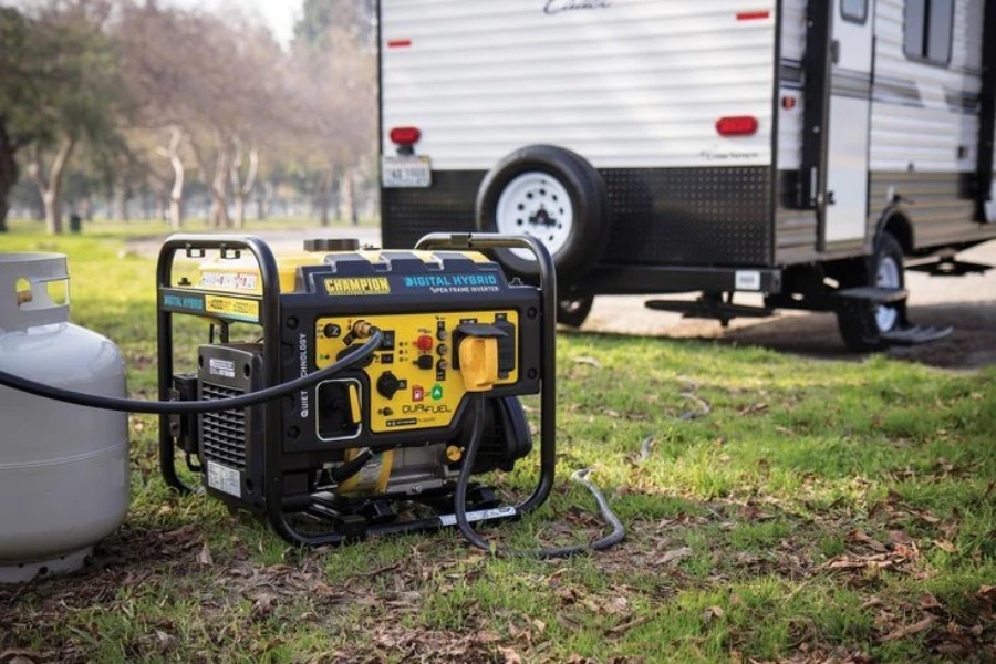 A black and yellow generator outside an RV