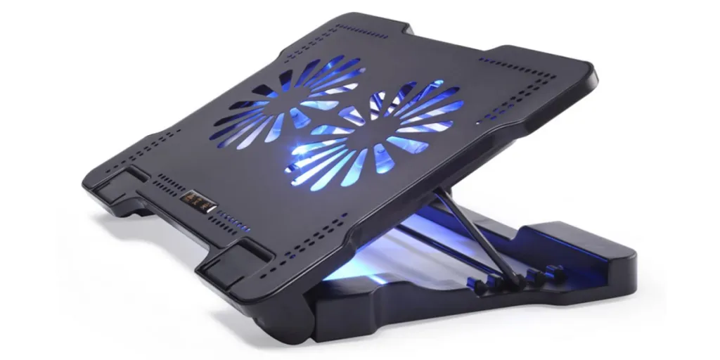 A black laptop cooling pad with colorful fan lights