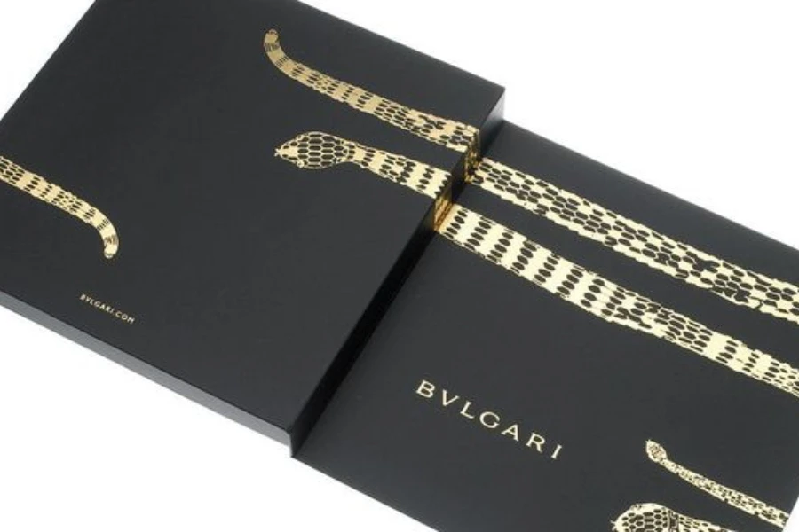 A black packaging option with gold foil stamping