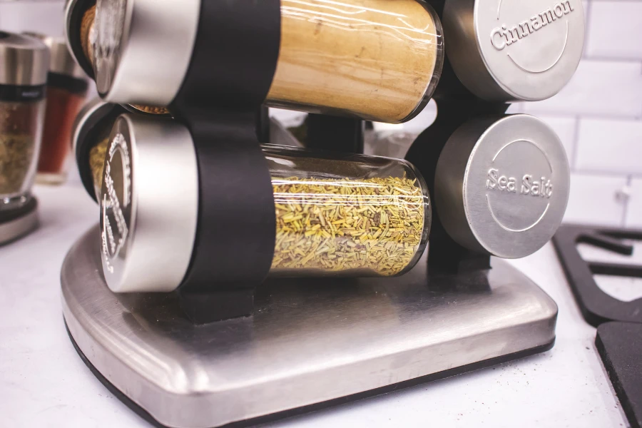 A carousel spice rack with different spices