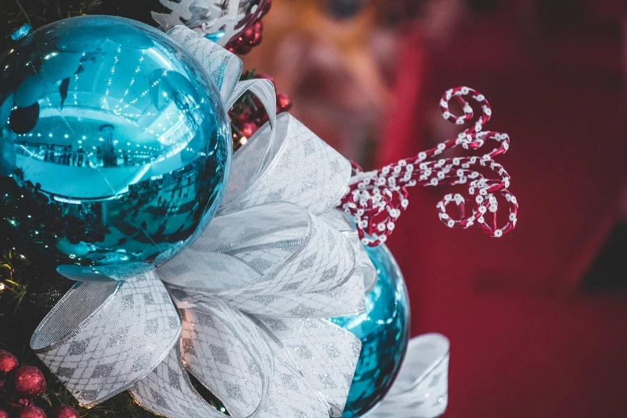 A closeup of blue baubles