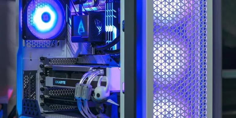 A colorful computer case with installed components