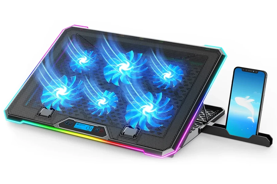A colorful laptop cooling pad with six fans
