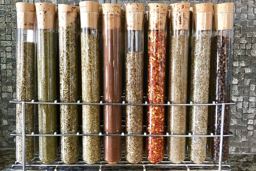 A countertop spice rack on a kitchen counter