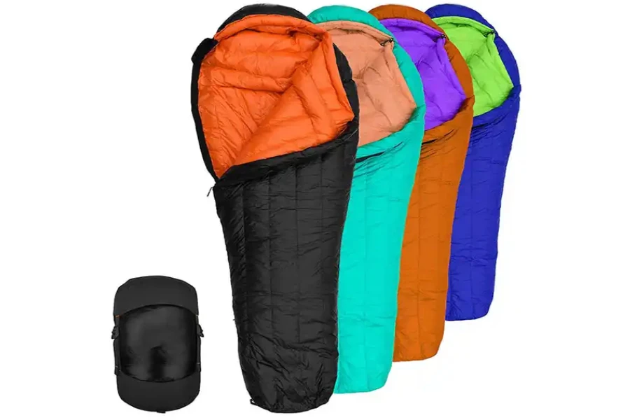 A couple of different color mummy sleeping bags