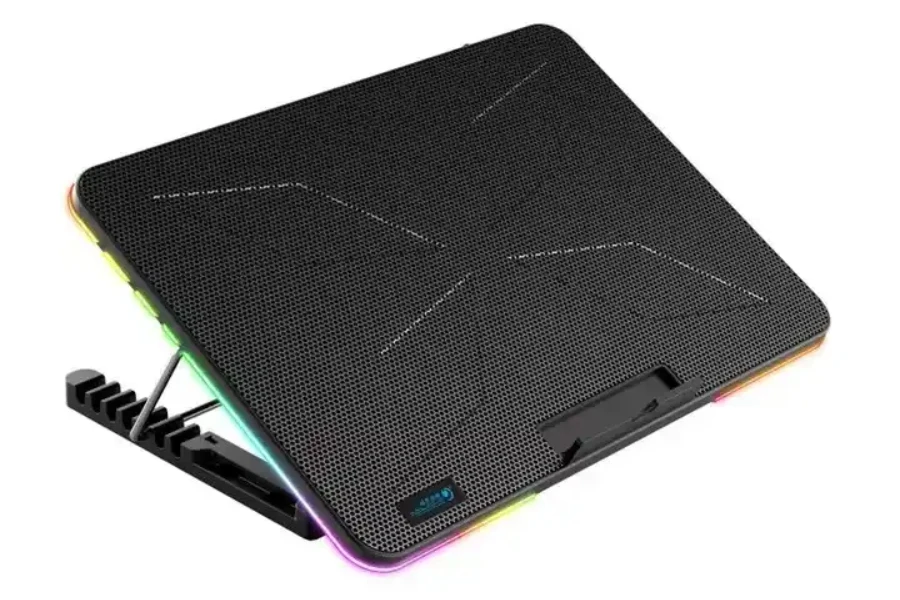 A laptop cooling pad with a small digital display