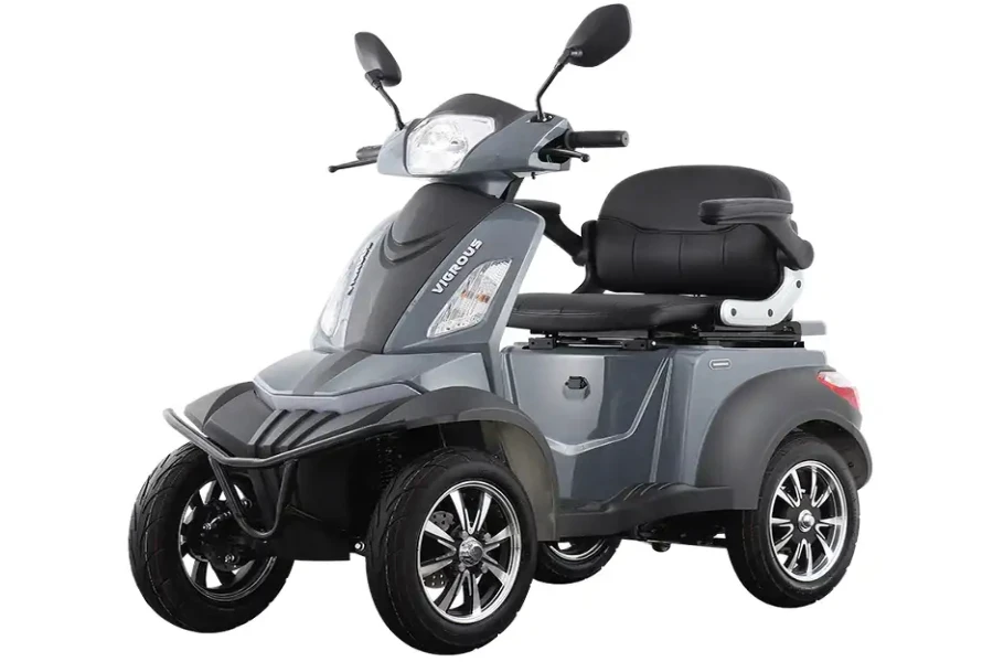 A large-wheeled, mid-size mobility scooter