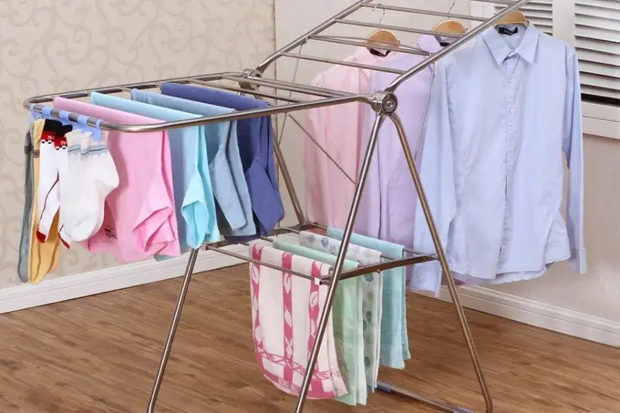 A laundry rack with clothes