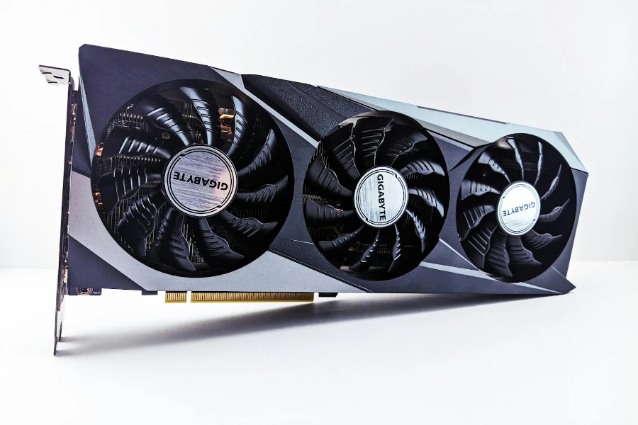 A multi-colored GPU with three fans