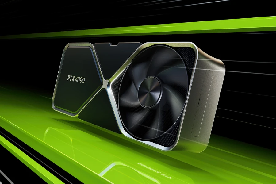 A NVIDIA graphics card on a green and black background