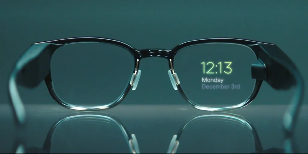 A pair of AR glasses with the time displayed