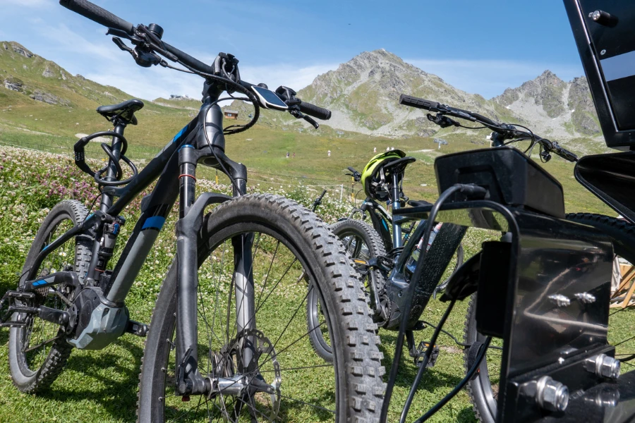a photo of electric mountain bikes on the hillside