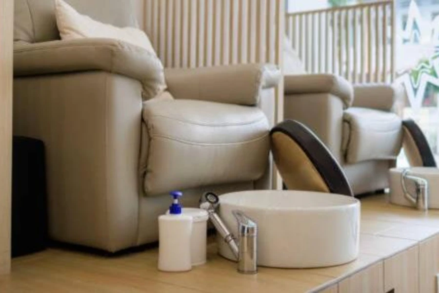 A set of pipeless pedicure chairs in a spa