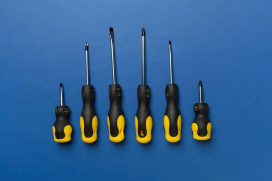 A set of screwdrivers on a blue background