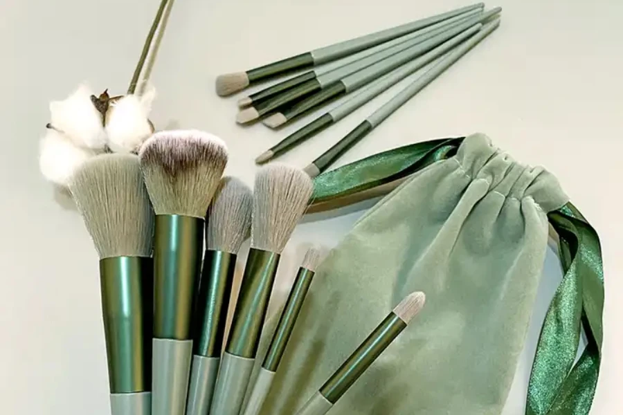 A setting brush among other makeup brushes