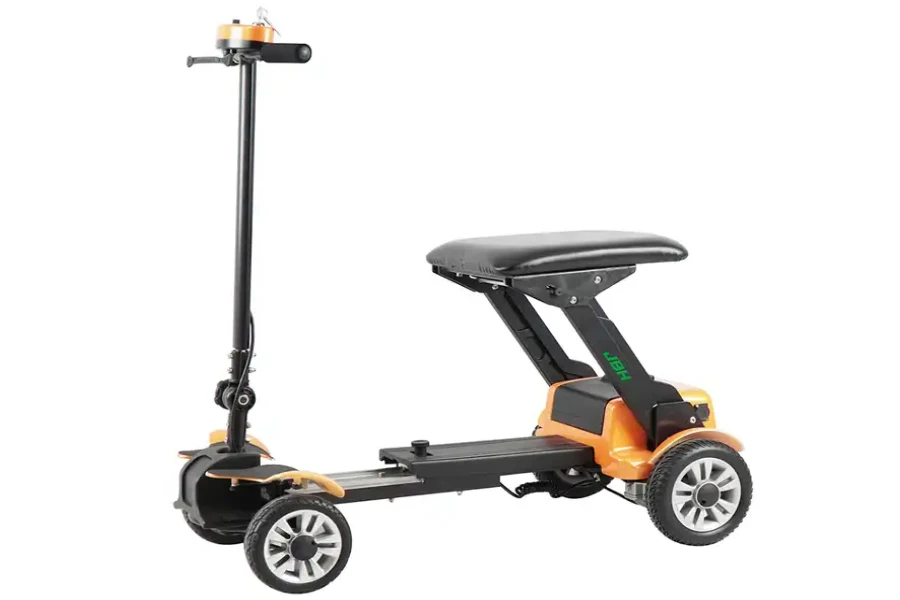 A small, four-wheel mobility scooter