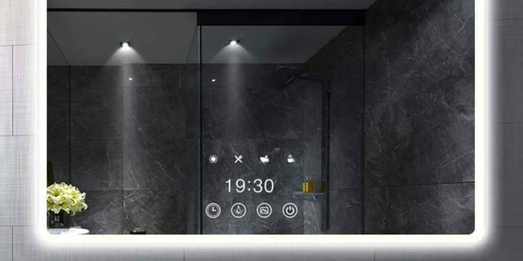 A smart mirror displaying the time and other notifications