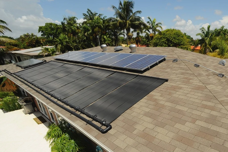 A solar pool heater panel installed on a roof
