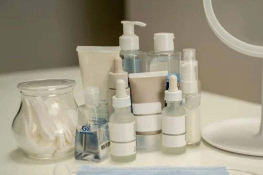 A table of skin care products for treating T-zone acne