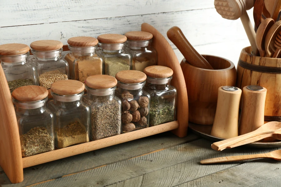 A tiered spice rack on a kitchen counter