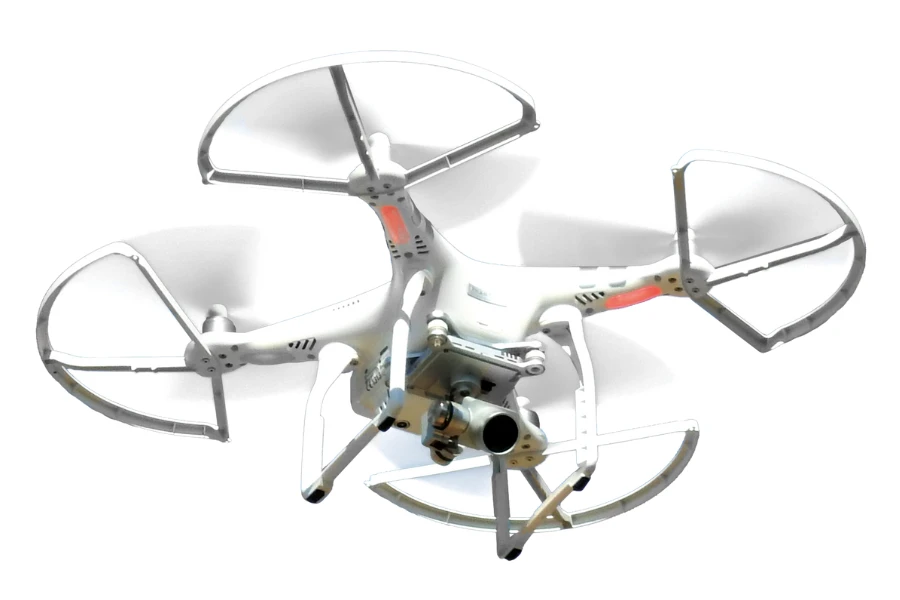 A white drone with a propeller guard on white background