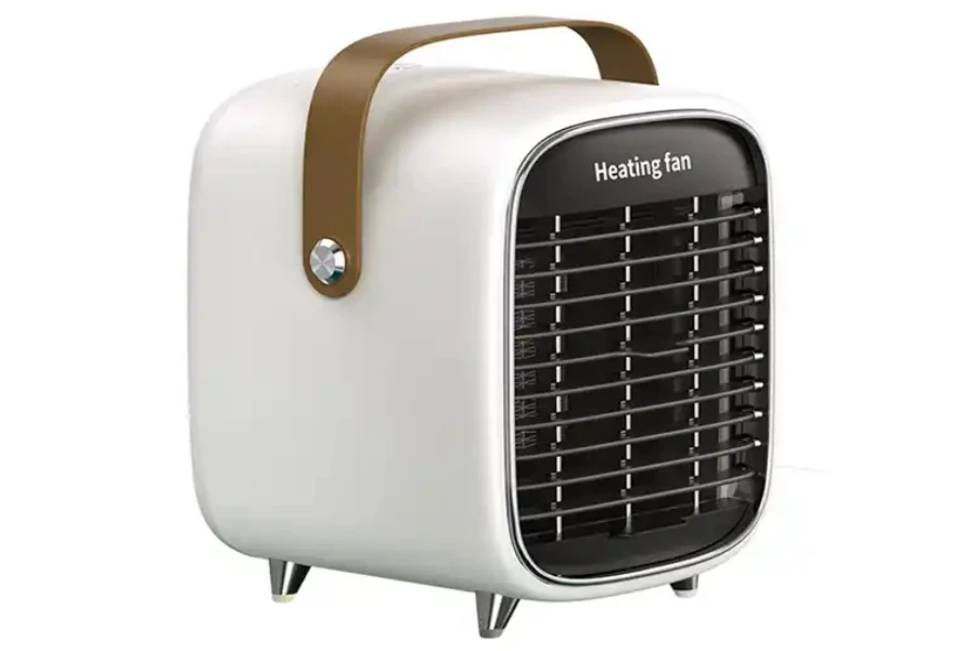 A white mobile heating fan on a white background