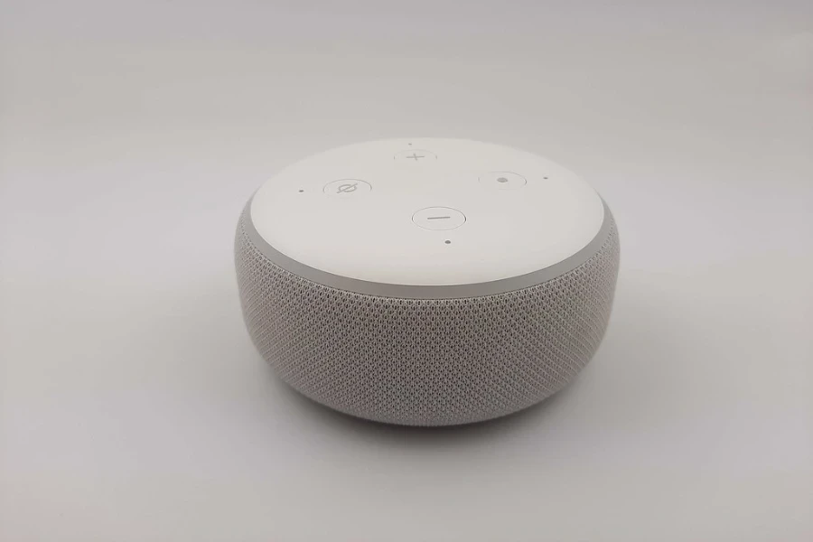 Ein weißer Smart Speaker auf hellgrauem Hintergrund