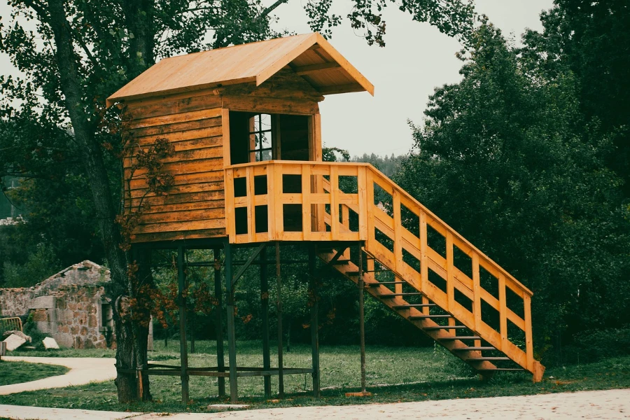 A wooden outdoor playhouse