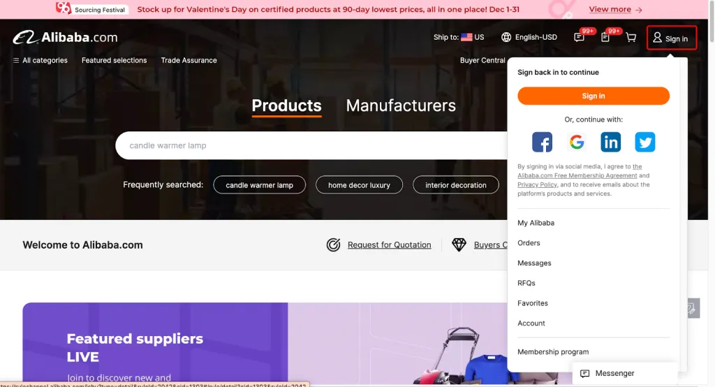 Accessing the buyer account via Alibaba.com's homepage