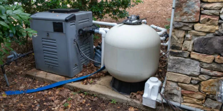 An above-ground swimming pool pump beside a brick wall