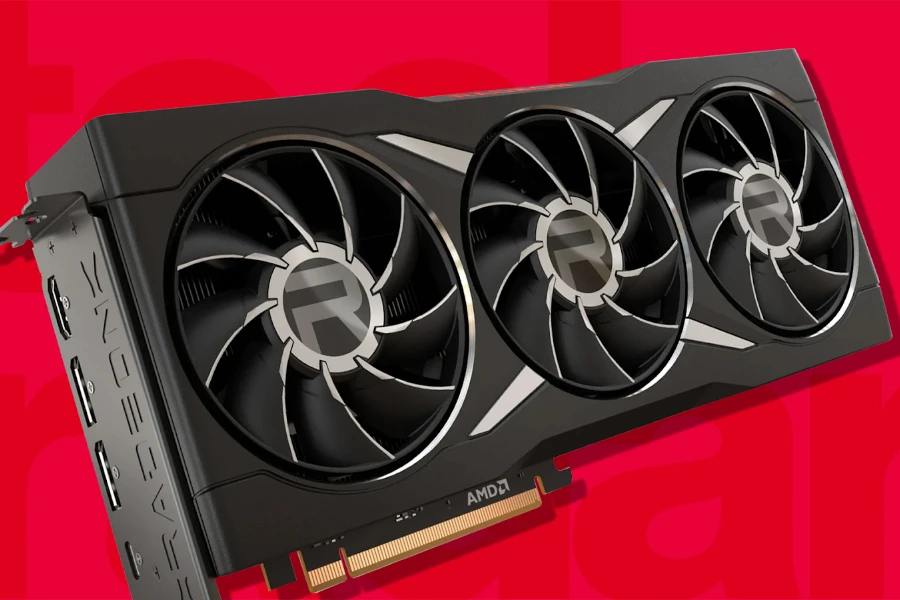 An AMD graphics card on a red background