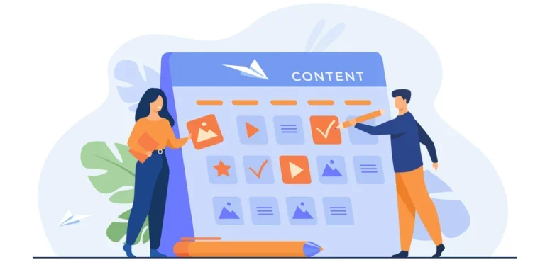 Animated people writing on a digital content calendar