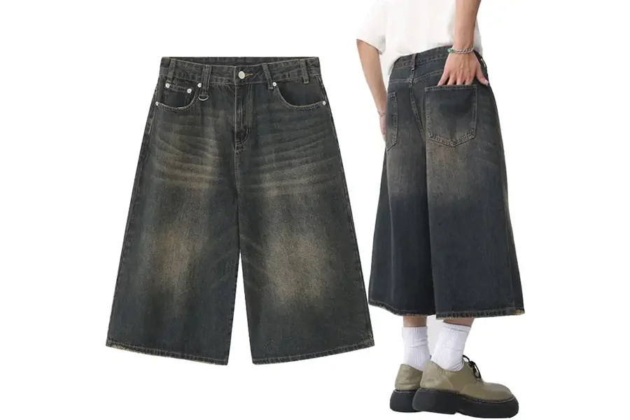 baggy distressed dark washed cotton denim shorts