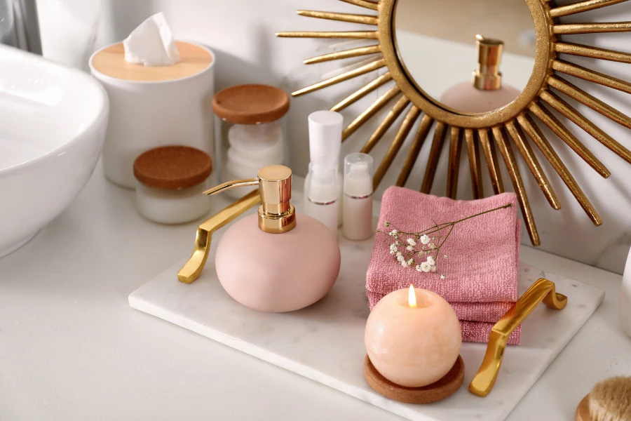 beauty items on a vanity tray