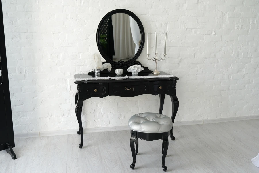 black console mirror and table